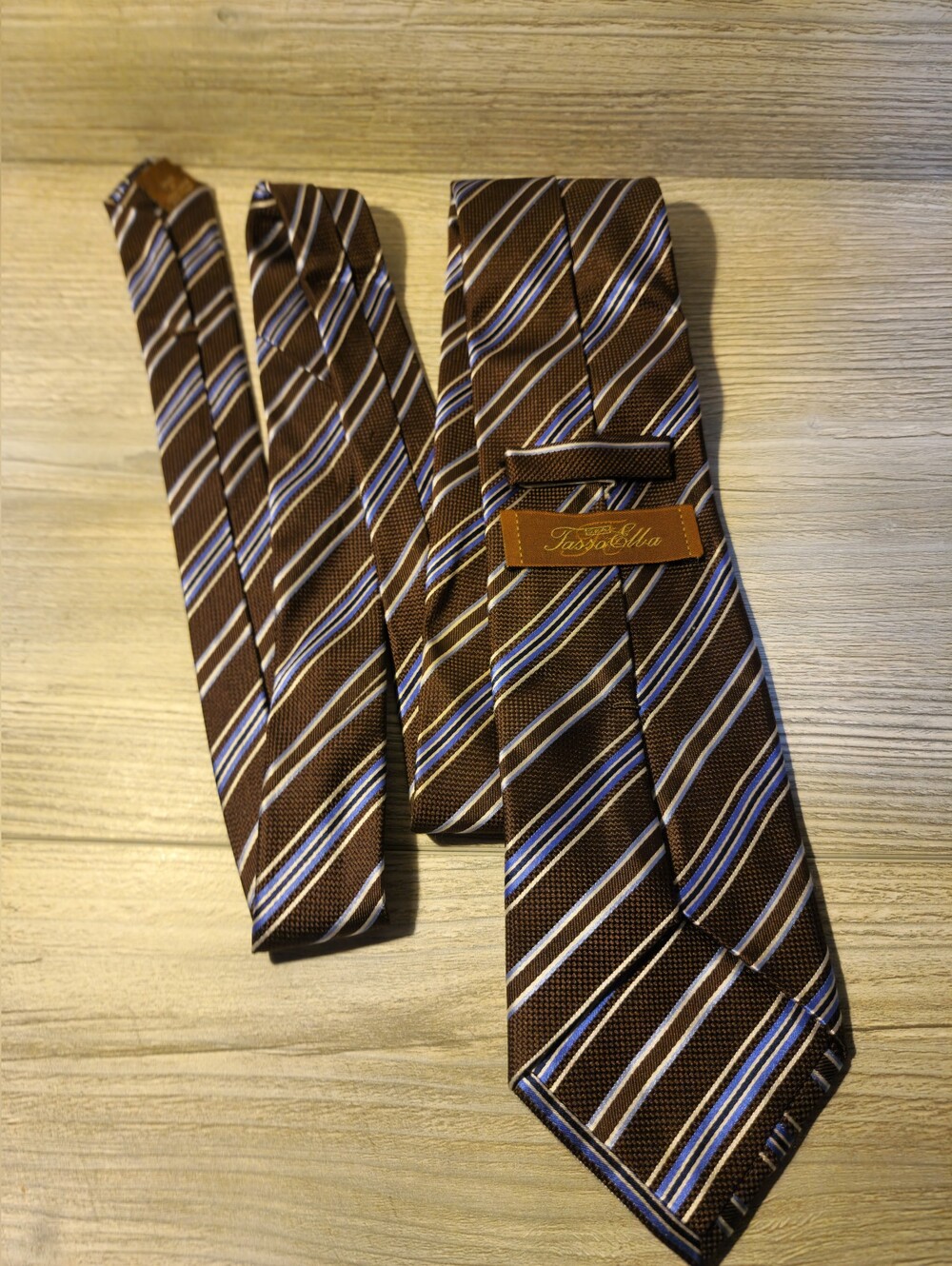 Tasso Elba Brown Striped Tie with Blue & White Accents